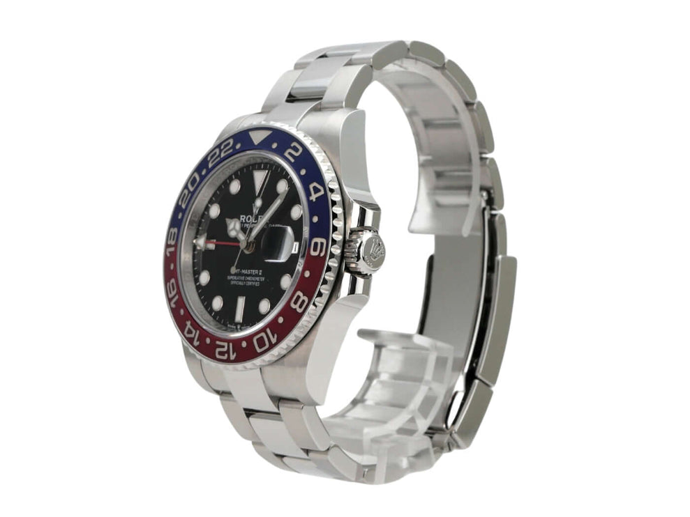 Rolex GMT-Master II Edelstahl 126710BLRO Oyster-Band mit schwarzem Zifferblatt und rot-blauer Lünette.
