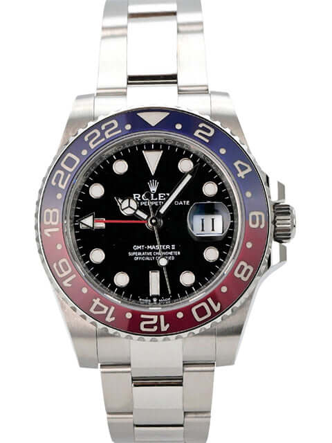Rolex GMT-Master II Edelstahl 126710BLRO Oyster-Band mit schwarzem Zifferblatt und rot-blauer Lünette.