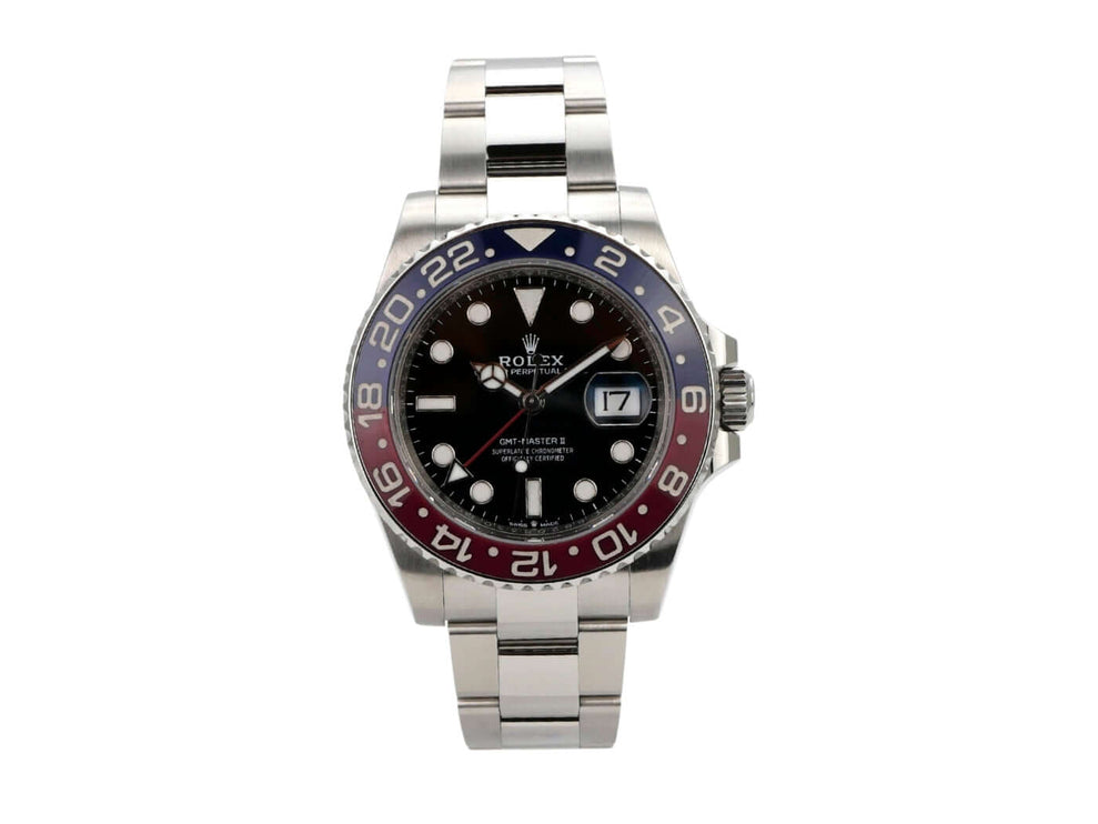 Rolex GMT-Master II Edelstahl 126710BLRO Oyster-Band mit schwarzem Zifferblatt und blau-roter Keramiklünette