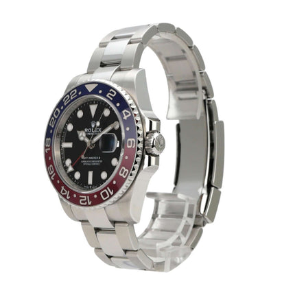 Rolex GMT-Master II Edelstahl 126710BLRO Oyster-Band in Edelstahl mit blau/roter Lünette und schwarzem Zifferblatt.