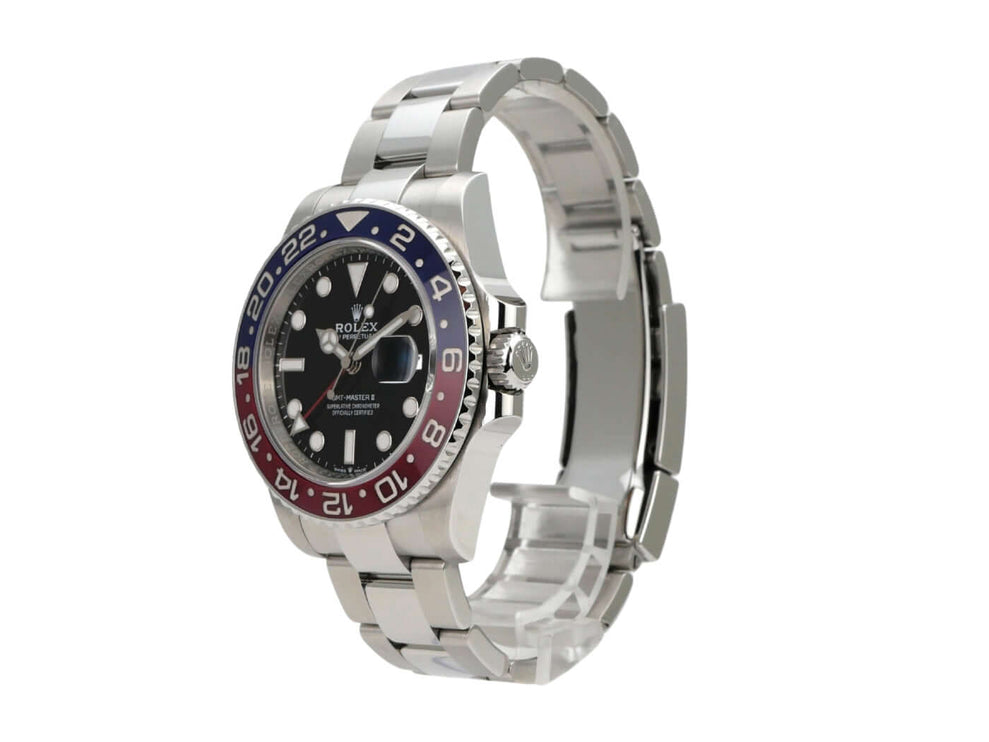 Rolex GMT-Master II Edelstahl 126710BLRO Oyster-Band in Edelstahl mit blau/roter Lünette und schwarzem Zifferblatt.