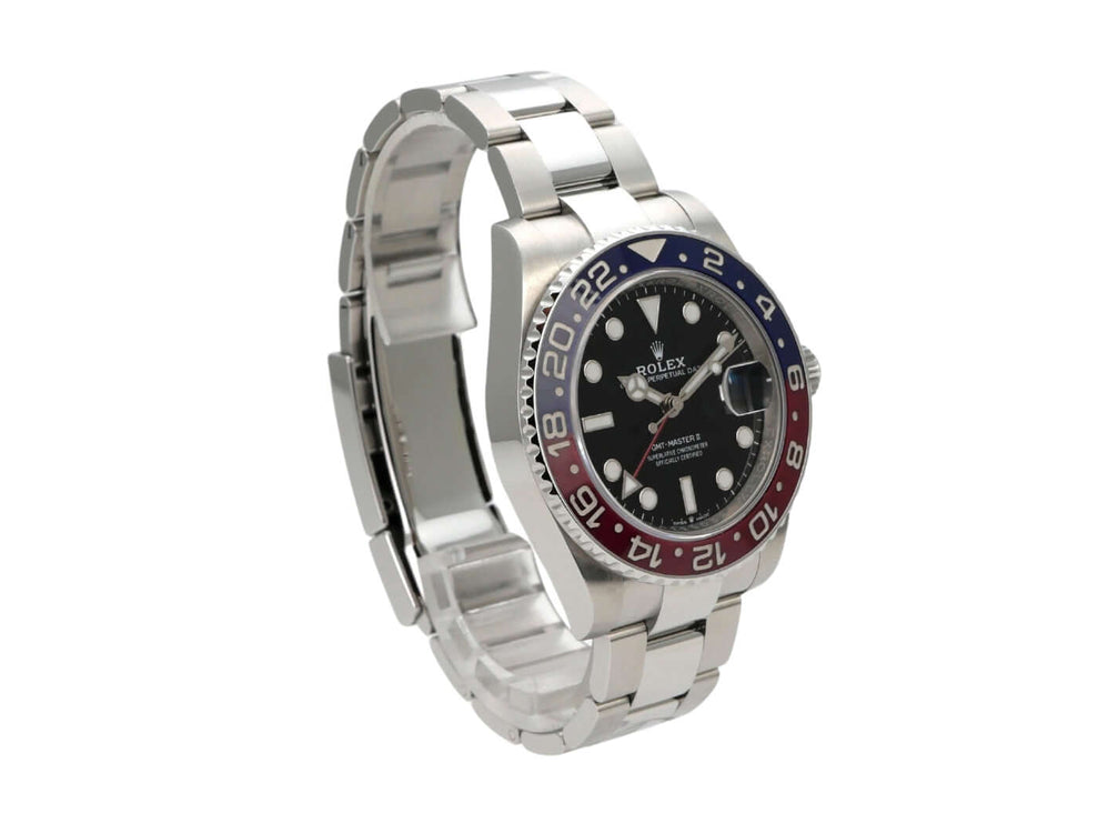Rolex GMT-Master II Edelstahl 126710BLRO Oyster-Band mit schwarzem Zifferblatt und blauer/roter Lünette.