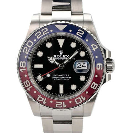 Rolex GMT Master II Edelstahl 126710BLRO mit schwarzem Zifferblatt und Oyster-Band.