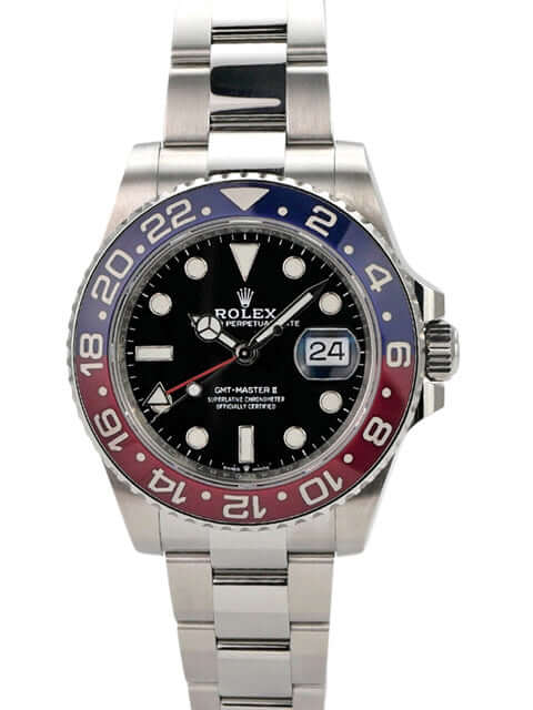 Rolex GMT Master II Edelstahl 126710BLRO mit schwarzem Zifferblatt und Oyster-Band.