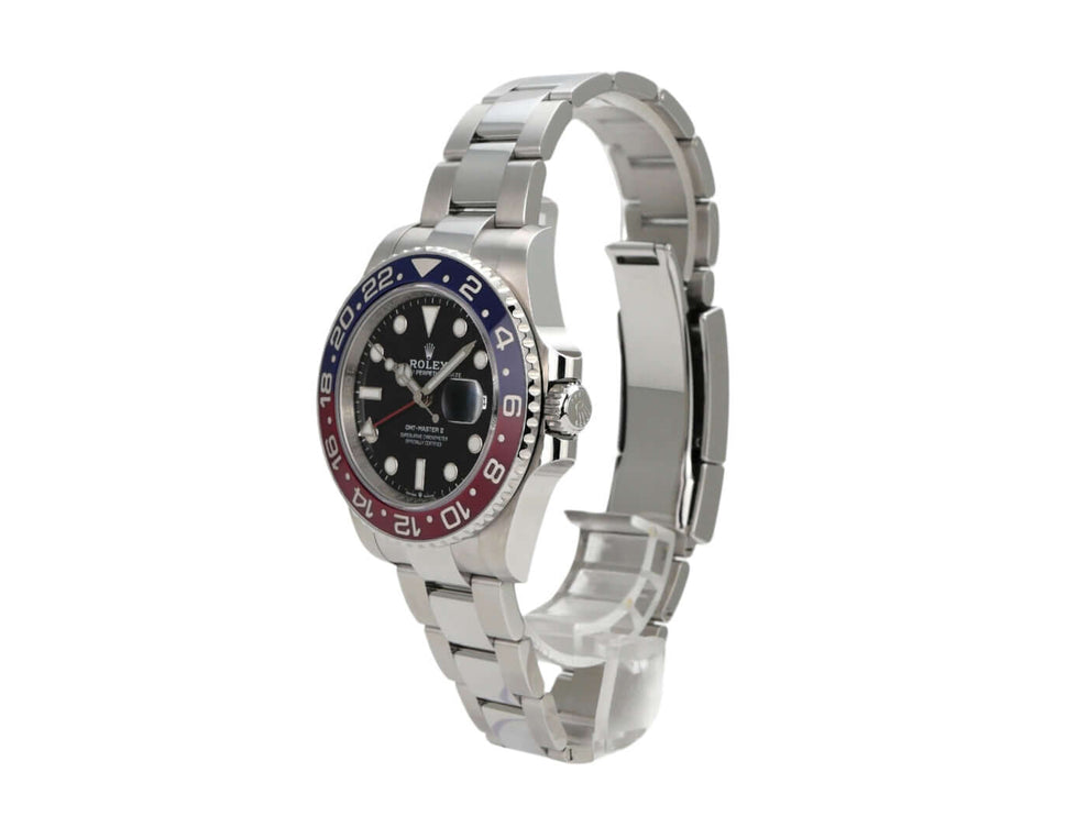 Rolex GMT Master II 126710BLRO Edelstahl-Uhr mit blau-roter Keramik-Lünette und Oyster-Armband.