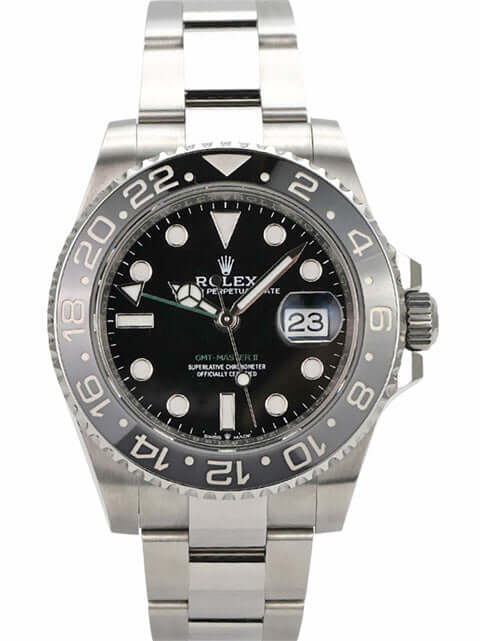 Rolex GMT-Master II Edelstahl 126710GRNR, schwarzes Zifferblatt, Oyster-Armband und schwarz-graue Keramiklünette