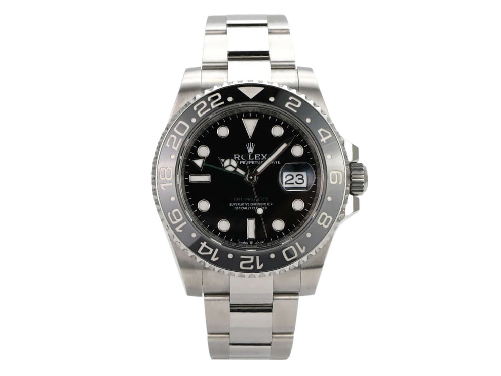 Rolex GMT-Master II Edelstahl 126710GRNR, schwarze Zifferblatt- und Keramiklünette, Oyster-Armband