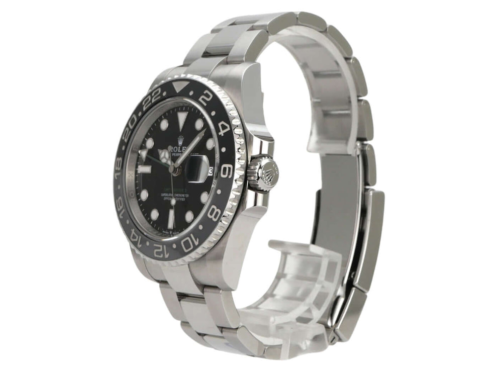 Rolex GMT-Master II Edelstahl 126710GRNR, schwarzes Zifferblatt, Edelstahlarmband und GMT-Lünette