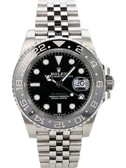 Rolex GMT-Master II Edelstahl 126710GRNR Jubile-Band, schwarze GMT-Uhr mit Edelstahlarmband