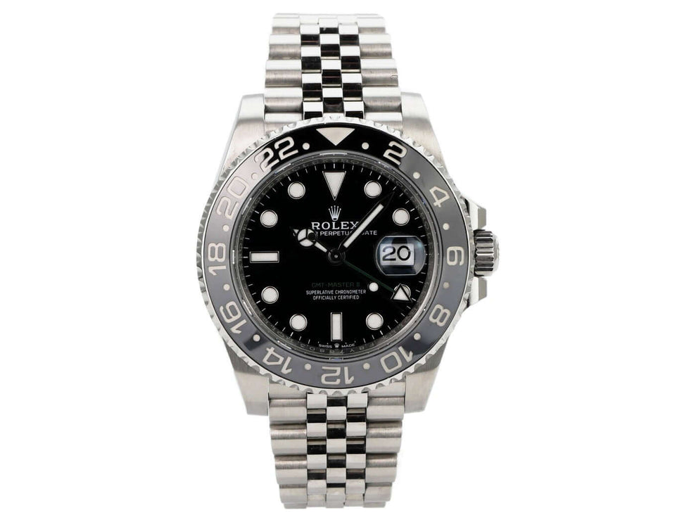 Rolex GMT-Master II Edelstahl 126710GRNR Jubile-Band, schwarzes Zifferblatt, Edelstahlarmband