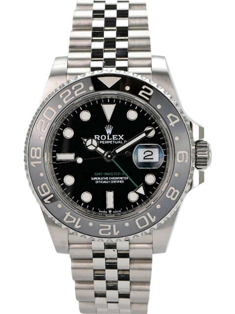 Rolex GMT-Master II Edelstahl 126710GRNR Jubile-Band mit schwarzem Zifferblatt und Jubile-Edelstahlarmband.