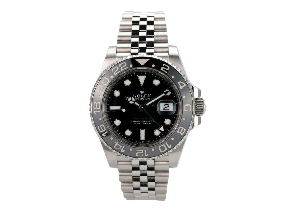 Rolex GMT-Master II Edelstahl 126710GRNR Jubile-Band mit schwarzem Zifferblatt und Edelstahlarmband