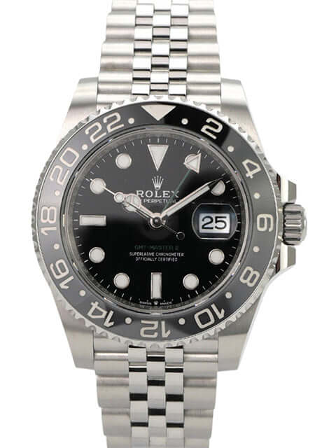 Rolex GMT-Master II Edelstahl 126710GRNR Jubile-Band, schwarze GMT-Uhr mit Jubilé-Band und Datumsanzeige