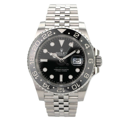 Rolex GMT-Master II Edelstahl 126710GRNR Jubile-Band – schwarzes Zifferblatt, graue GMT-Lünette, Edelstahlarmband