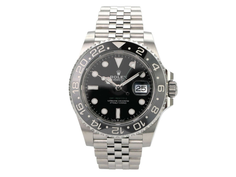 Rolex GMT-Master II Edelstahl 126710GRNR Jubile-Band – schwarzes Zifferblatt, graue GMT-Lünette, Edelstahlarmband