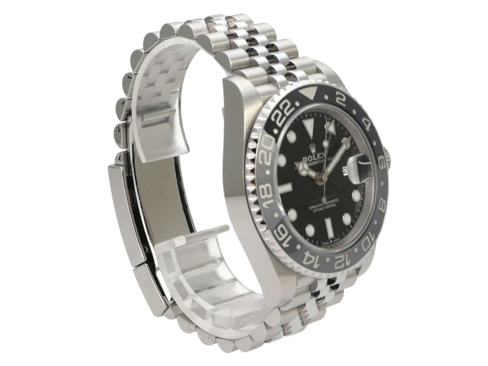 Rolex GMT-Master II Edelstahl 126710GRNR Jubile-Band mit schwarzem Zifferblatt und schwarz/grauer Keramiklünette