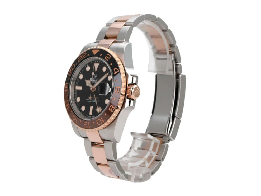Rolex GMT-Master II Edelstahl und Everose-Gold 126711CHNR mit schwarzem Zifferblatt und drehbarer Lünette.