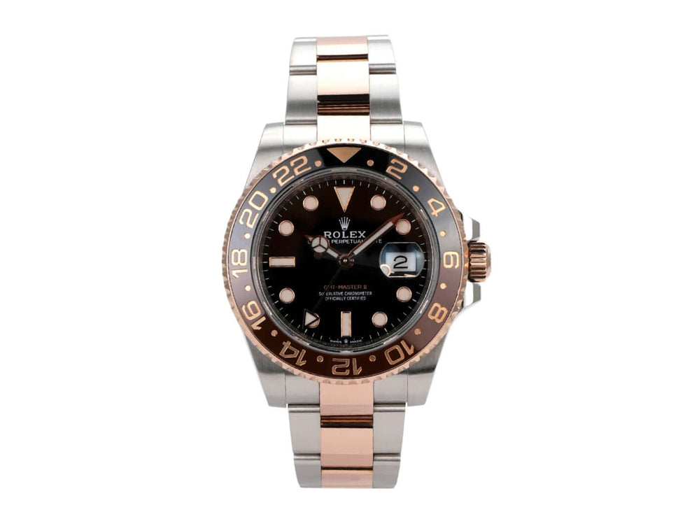 Rolex GMT-Master II Edelstahl Everose-Gold 126711CHNR mit schwarzem Zifferblatt und poliertem Armband.