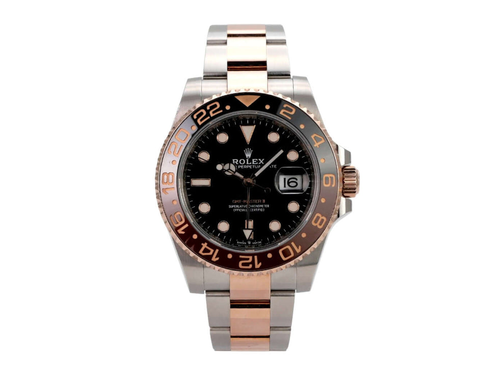 Rolex GMT-Master II Edelstahl Everose-Gold 126711CHNR mit schwarzem Zifferblatt und beidseitig drehbarer Lünette.
