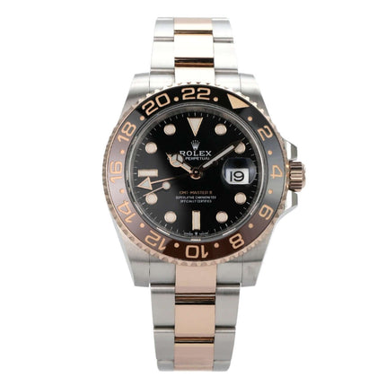 Rolex GMT-Master II Edelstahl Everose-Gold 126711CHNR mit schwarzem Zifferblatt und drehbarer Lünette.