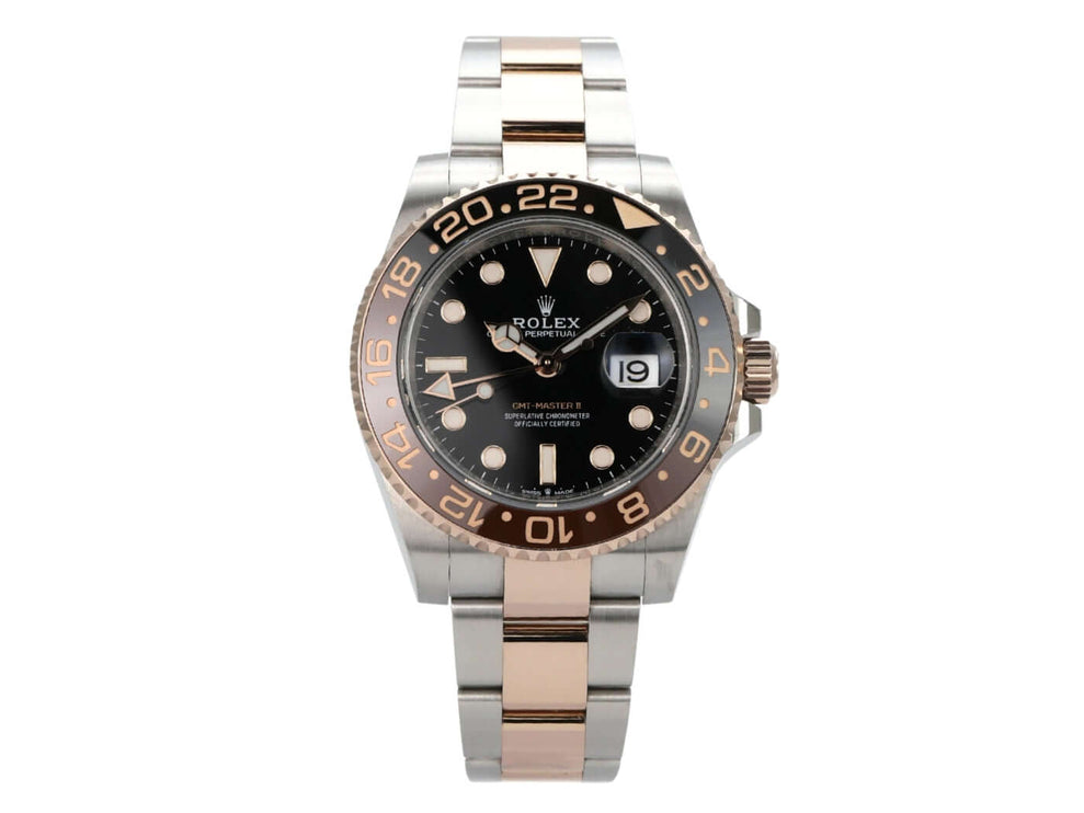 Rolex GMT-Master II Edelstahl Everose-Gold 126711CHNR mit schwarzem Zifferblatt und drehbarer Lünette.