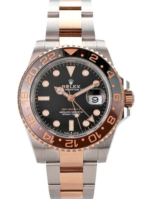 Rolex GMT-Master II Edelstahl Everose-Gold 126711CHNR Armbanduhr mit schwarzem Zifferblatt und Keramikuhrglas.
