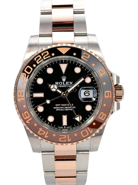 Rolex GMT-Master II Edelstahl Everose-Gold 126711CHNR mit schwarzem Zifferblatt und beidseitig drehbarer Lünette.