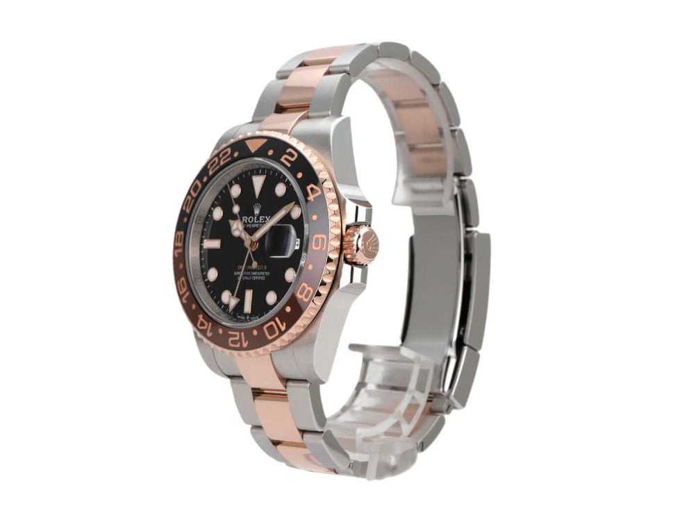 Rolex GMT-Master II Edelstahl und 18 kt Everose-Gold Uhr mit schwarzem Zifferblatt und drehbarer Lünette.