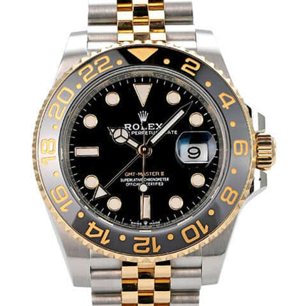 Rolex GMT-Master II Edelstahl Gelbgold 126713GRNR mit schwarzem Zifferblatt, 24-Stunden-Lünette und Jubilee-Band