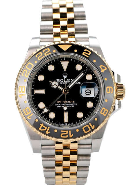 Rolex GMT-Master II Edelstahl Gelbgold 126713GRNR mit schwarzem Zifferblatt, 24-Stunden-Lünette und Jubilee-Band