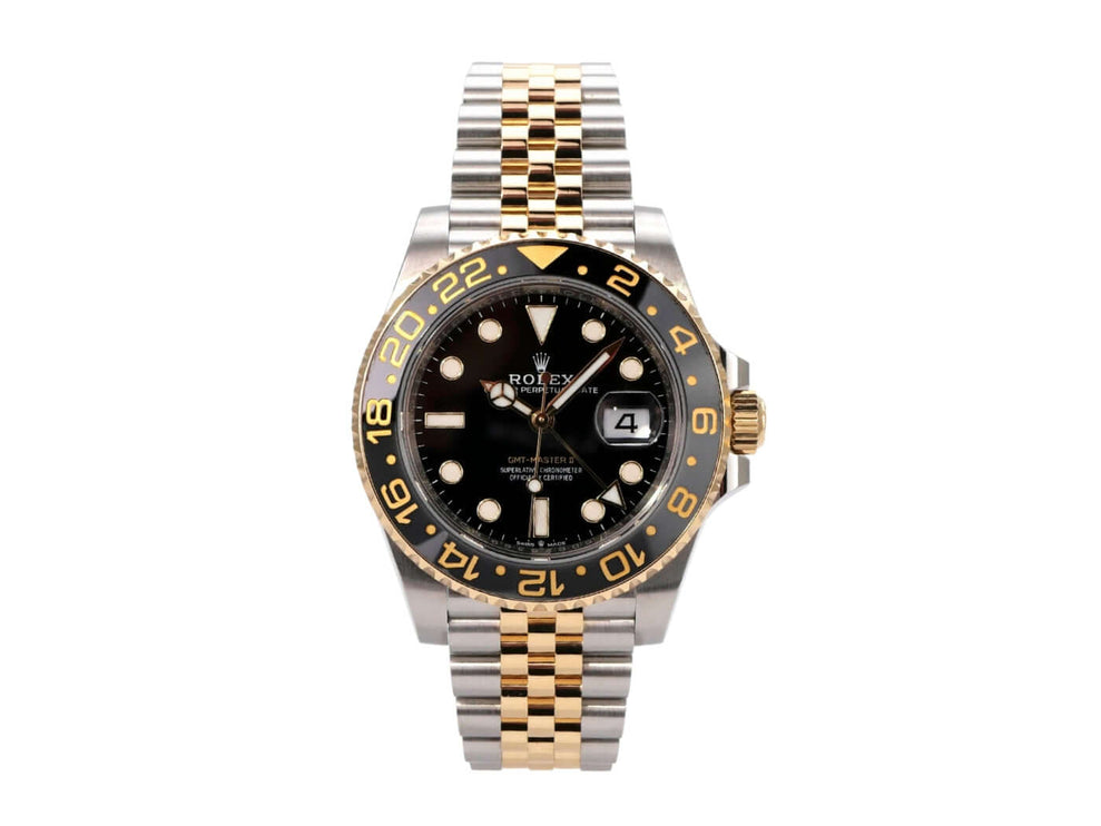 Rolex GMT-Master II Edelstahl Gelbgold 126713GRNR mit schwarzem Zifferblatt und Jubilee-Armband.