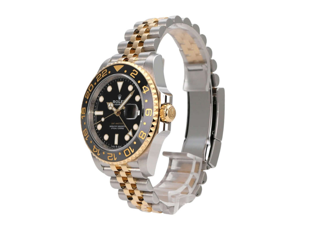 Rolex GMT-Master II Edelstahl Gelbgold 126713GRNR mit schwarzem Zifferblatt und Jubilee-Band.
