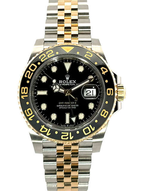 Rolex GMT-Master II 126713GRNR Edelstahl Gelbgold, schwarze 24-Stunden-Lünette, Jubilee-Band, schwarzes Zifferblatt, Datumsanzeige.