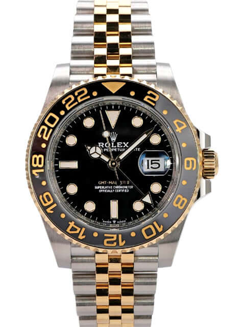 Rolex GMT-Master II Edelstahl Gelbgold 126713GRNR im Detail mit schwarzem Zifferblatt und Jubilé-Band