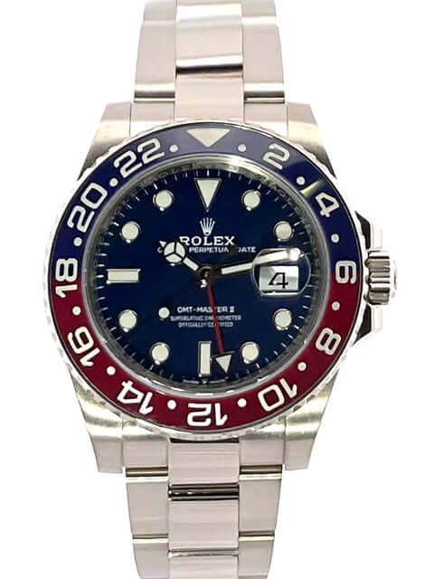 Rolex GMT-Master II 126719BLRO aus Weißgold mit blauem Zifferblatt und blauer/roter Keramik-Lünette, 18 kt Oyster-Armband.