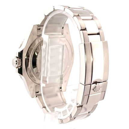 Rückansicht der Rolex GMT-Master II Weißgold 126719BLRO Blau mit poliertem und satiniertem 18 kt Weißgold Oyster Armband und Sicherheitsfaltschließe.