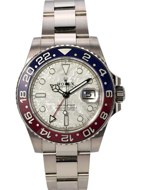 Rolex GMT-Master II Weißgold 126719BLRO Meteorit mit meteoriten Zifferblatt und 18 kt Weißgold Armband.