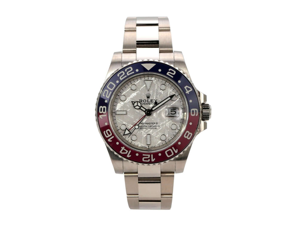 Rolex GMT-Master II Weißgold 126719BLRO Meteorit mit Meteorit Zifferblatt und 18 kt Weißgold Armband.