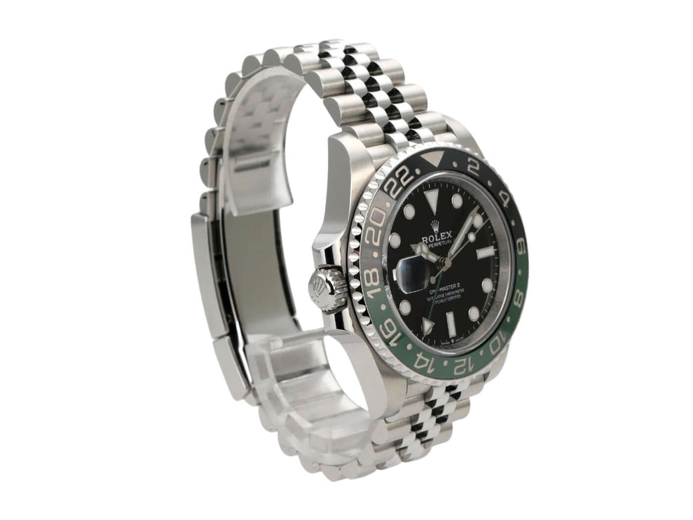 Rolex GMT-Master II Edelstahl 126720VTNR Jubile-Band mit schwarzem Zifferblatt und grünem Keramikeinsatz.