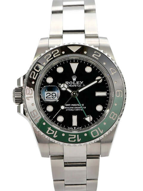 Rolex GMT-Master II Edelstahl 126720VTNR Oyster-Band mit schwarzem Zifferblatt und grün-schwarzer Lünette.