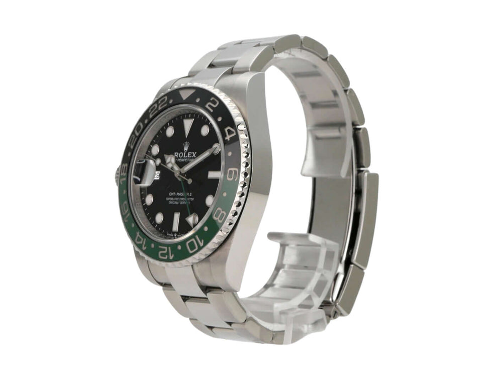 Rolex GMT-Master II Edelstahl 126720VTNR Oyster-Band seitliche Ansicht der Uhr mit schwarzem Zifferblatt und grün-schwarzer Lünette.