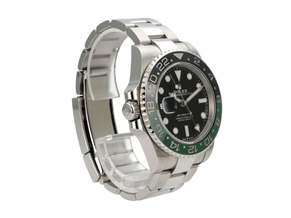 Rolex GMT-Master II Edelstahl 126720VTNR Oyster-Band seitliche Ansicht mit schwarzem Zifferblatt und grünem Rand