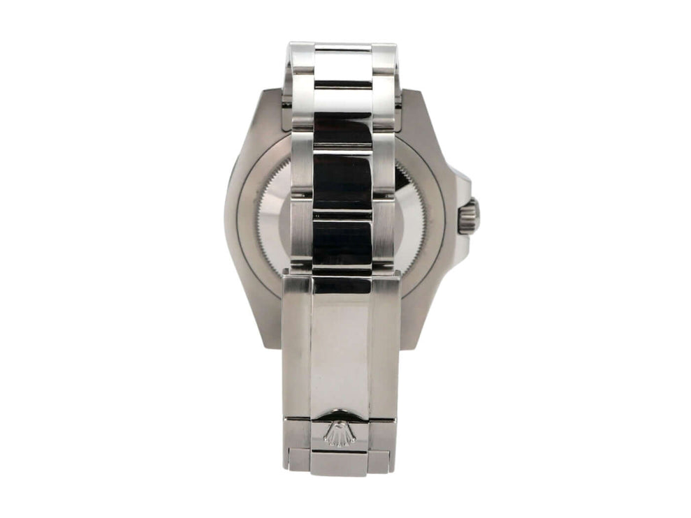 Rolex GMT-Master II Edelstahl 126720VTNR Oyster-Band Rückansicht mit Oyster-Armband und poliertem Gehäuse.