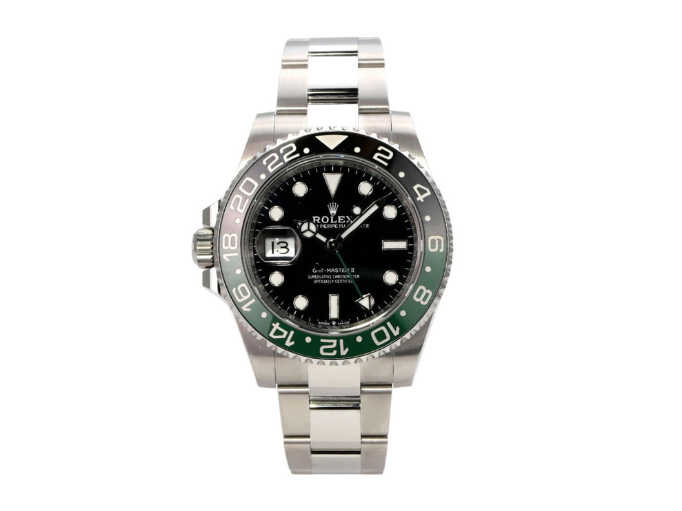 Rolex GMT-Master II Edelstahl 126720VTNR Oyster-Band mit schwarzem Zifferblatt und grünem Keramikeinsatz.