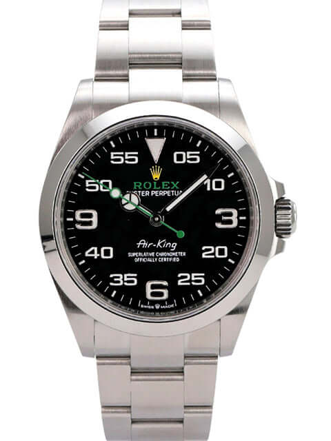 Rolex Oyster Perpetual Air-King 126900 elegante Edelstahl-Uhr mit schwarzem Zifferblatt und Leuchtziffern.