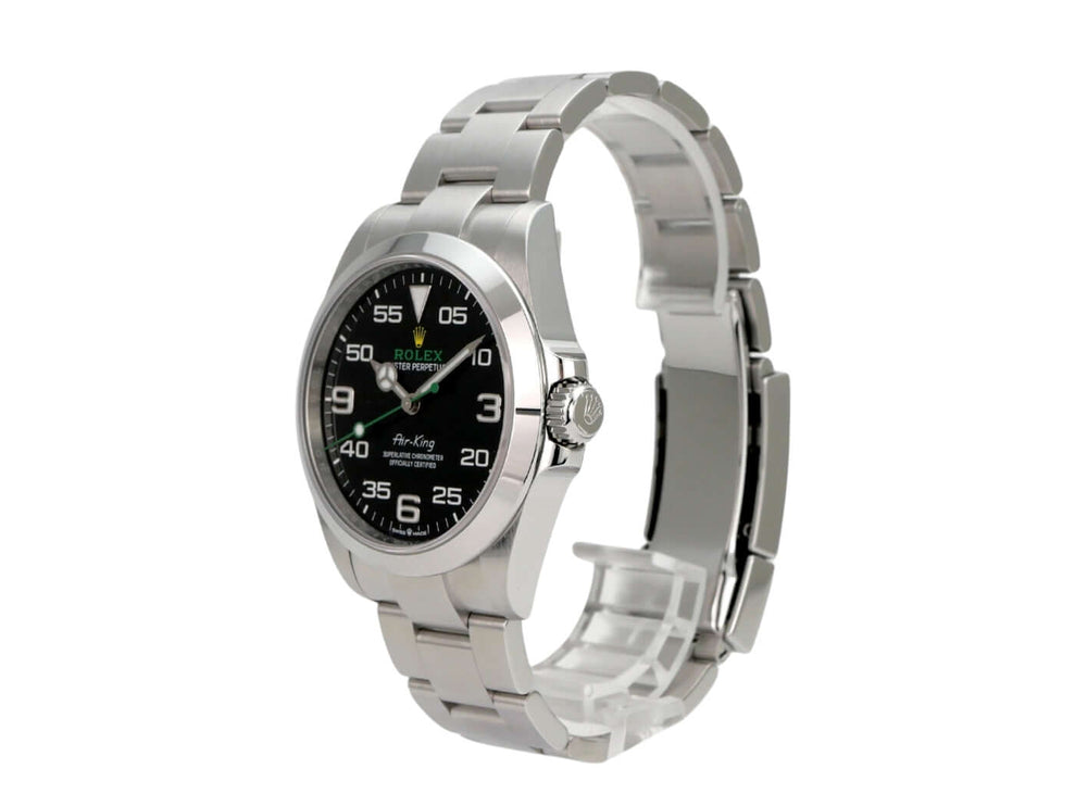 Rolex Oyster Perpetual Air-King 126900 Edelstahlarmband und schwarzes Zifferblatt mit leuchtenden Ziffern.