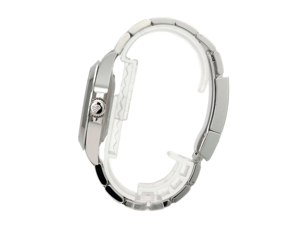 Rollie Oyster Perpetual Air-King 126900 seitliche Ansicht mit Edelstahlarmband und Faltschließe.