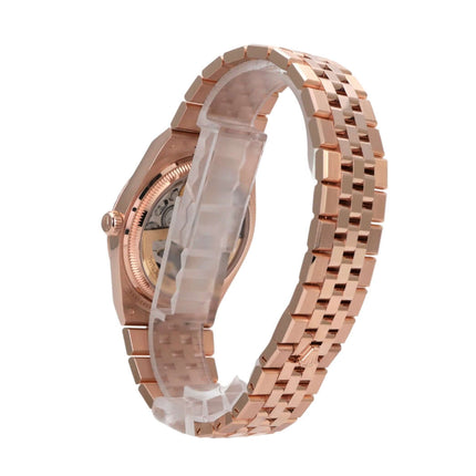 Rolex Land-Dweller 36 Everose-Gold 127235 Tiefweiß Wabe Flat Jubile-Band seitliche Ansicht mit Gehäuse und Band