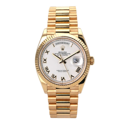 Rolex Day-Date 36 Gelbgold 128238 Weiss mit weißem Zifferblatt und römischen Ziffern