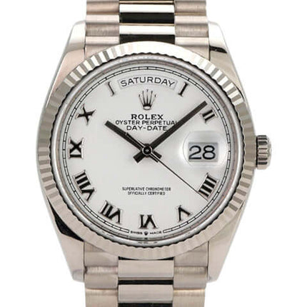 Rolex Day-Date 36 Weißgold 128239 mit römischen Ziffern und Präsident Armband, elegante Automatik-Uhr.